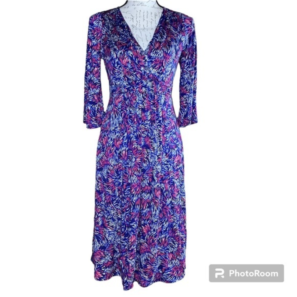 Boden Blue Red White V Neck Deep Plunge Stretch‎ 3/4 Bell
Sleeve Midi Dress
